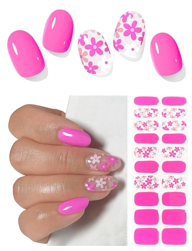 Semi Cured Gel Nail Strips (Hot Pink Flower), 20 Pcs Summer Gel Nail Wraps, Stickers, UV Light Required, Salon Quality, Long Lasting
