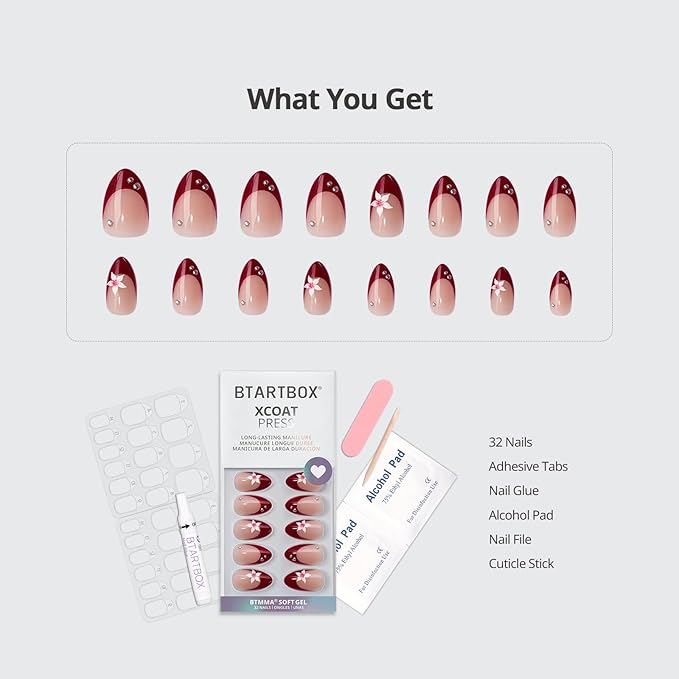 BTArtbox Press On Nails Short - Rococo Bloom, Red 3D Flower Pearl Almond French Tip Press On Nails with Glue and Adhesive Tabs for Women, Soft Gel Glue On Nails in 16 Sizes - 32 Stick On Nails Kit