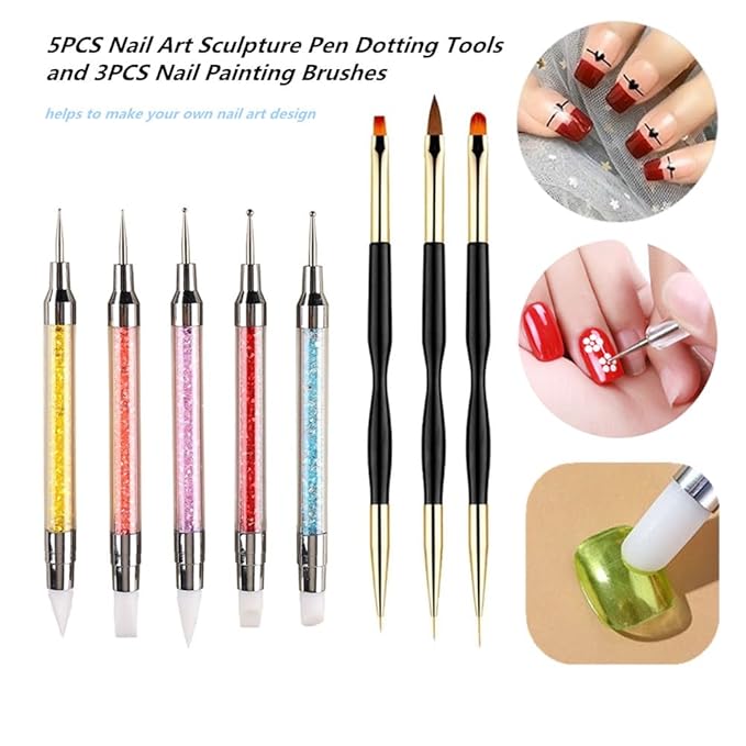 5PCS Dual-Ended Nail Art Sculpture Pen Dotting Tools with 3PCS Nail Painting Brushes, Silicone Nail Polish Brushes Stainless Steel Carving Drawing Tool, Acrylic Rhinestone Handle