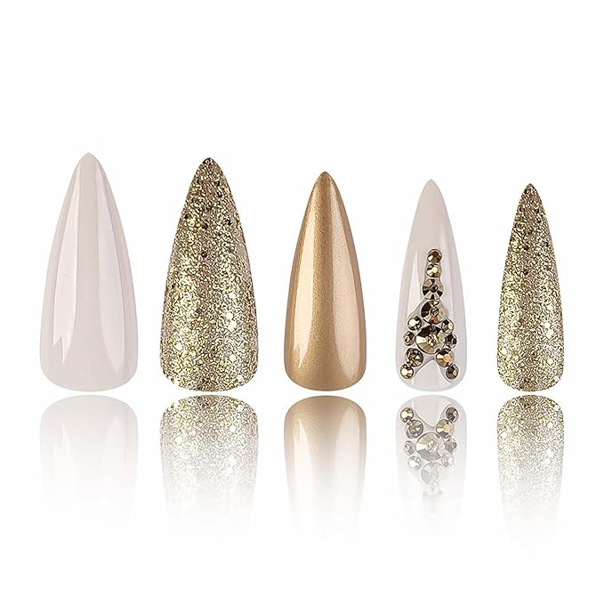 Rchosvam xl Almond Press on Nails Long Stiletto Shape Fake Nails Press Ons Gold Chromese Design False Nails Gold Rhinestones Stick on Nails Full Cover Artificial Nails Gift for Womens 24pcs