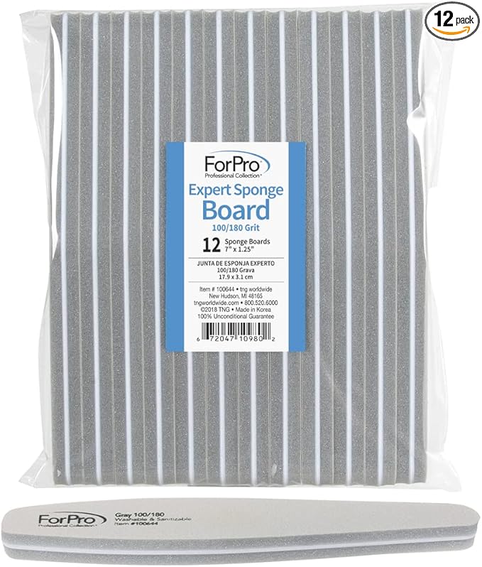 ForPro Professional Collection Expert Sponge Board, 100/180 Grit, Double-Sided Nail Board, 7” L x 1.25” W, 12-Count