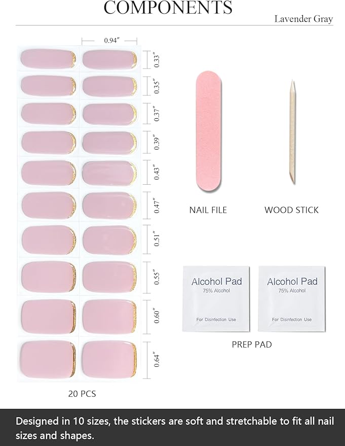 Semi Cured Gel Nail Strips (Lavender Gray), Gold Line, 20 Pcs Gel Nail Wraps, Stickers, UV Light Required, Salon Quality, Long Lasting