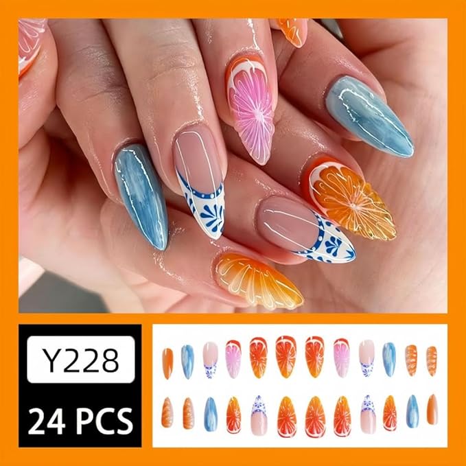 Summer Press on Nails Medium Almond Glue on Nails with Orange Fruit Design 3D Orange Seashell False Nails Ombre Blue White Stick on Nails Glossy Summer Fake Nails for Women Girls Manicure 24Pcs