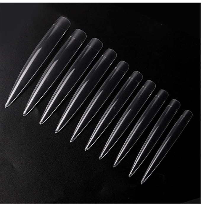 240Pcs XXL Extra Long Stiletto False Nail Tips Clear Natural Half Cover Nails Fake Tip Sharp End 10 Sizes Acrylic Fake Nail with Bag for DIY Nail Salons Manicure Supply