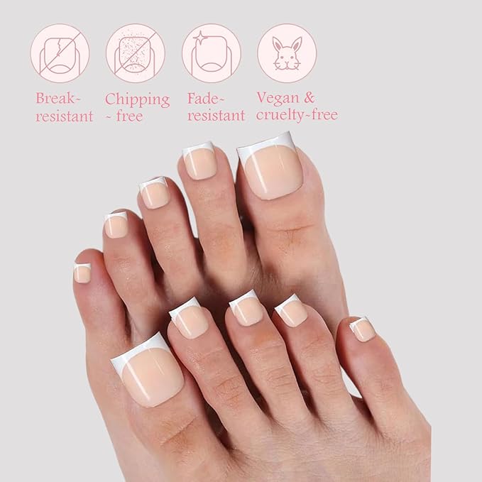 150pcs French Tip Press on Toenails Short Square,Nude Press On Nails White French Toe Nail Tips for Women, Soft Gel Fake Toe Nails, Acrylic Nails Soak off Nail Home DIY 15 Size