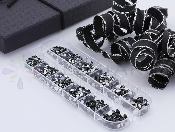 Over 2100 Pieces Jet Black Flat Back Glass Rhinestones Crystals for Nail Art Kit 6 Sizes (1.4mm - 4.8mm)