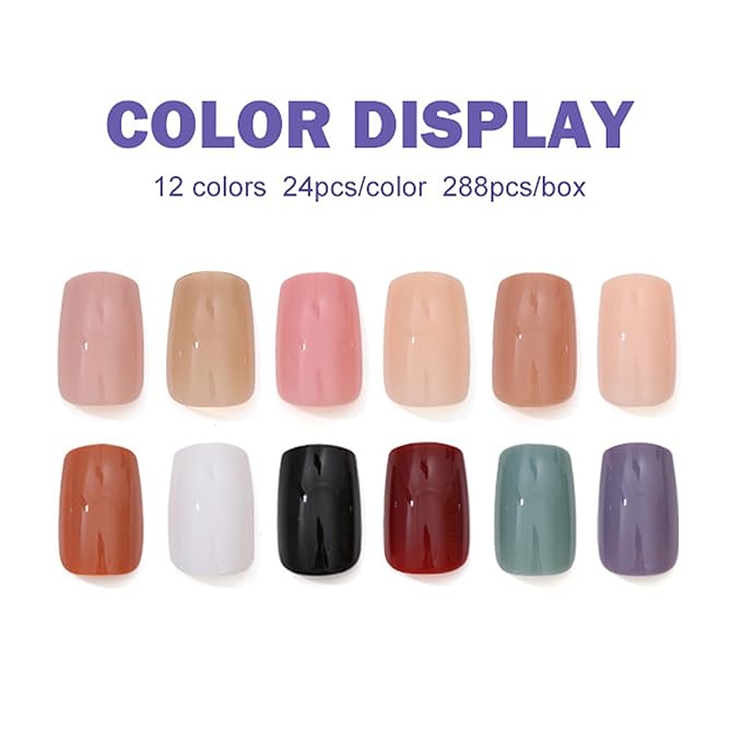 12Packs 288Pcs Square Press on Nails Short Fake Nails Soft Gel False Nails Kit Square Nail Tips Solid Color Acrylic Nails Art for Women Manicure Deco 12 Size - 12 Colors