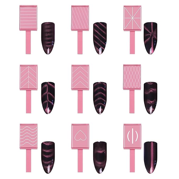 13pcs Pink Cateye Magnet for Nails Double-Ended Hexagon Nail Magnet Stick Flower Cat Eye Magnetic Pen 9 Stripe Nail Magnet Plates for Cat Eye Gel Nail Polish