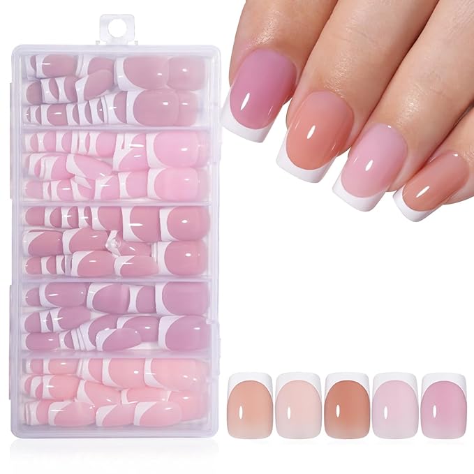 5Packs 160Pcs French Tip Press on Nails Short Square Fake Nails Glossy Acrylic False Nails Soft Gel Artificial Nails Glue on Nail for Women Girls Manicure Nail Decoration