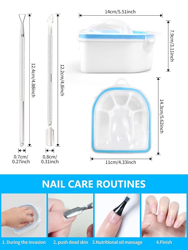 Nail Soaking Bowl, 2PCS Soak Off Gel Polish Dip Powder Remover Manicure Bowl with Triangle Cuticle Peeler and Stainless Steel Cuticle Pusher Nail Art Tool (Blue-4PCS Set)