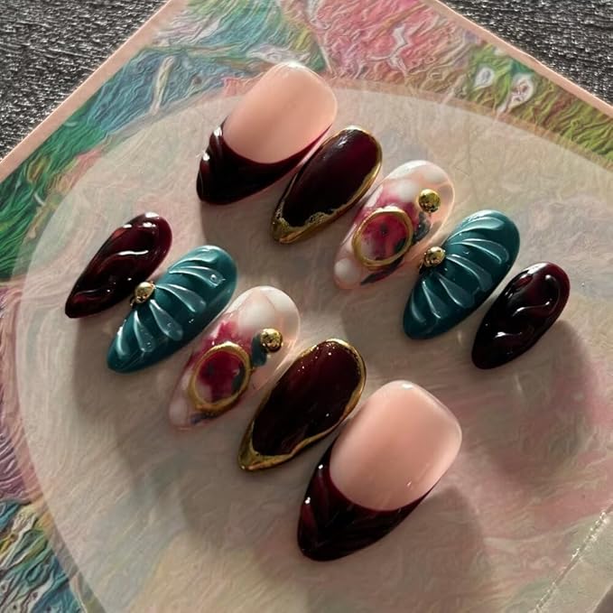 Fall Press On Nails - Handmade GEL Medium Length Almond Fake Nails, Brown Rendering Painting Design, Reusable Artificial Almond False Nails for Women 10 Pcs Acrylic Nails Kit (Size M)