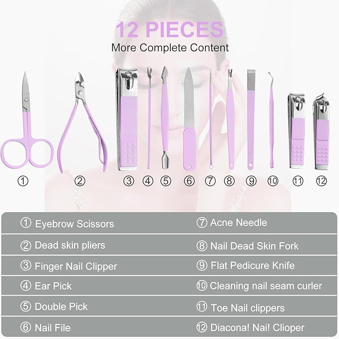 Nail Kit, Manicure Kit, Nail Care Kit for Women, Manicure Pedicure Set, Nail Clippers Toenail Clippers Kit, Professional Manicure Kit Pedicure Kit, Purple Travel Case, Set of 12.