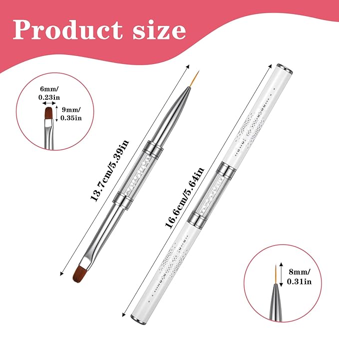 2PCS Double Ended Nail Builder Gel Brush French Tip Brush Hard Gel Brushes Nail Liner Brush Rhinestone Handle Nails Art Brushes for Nails Design Professional NailArt