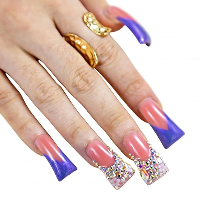 10 Pieces Handmade Luxury Metallic Cool Purple Shimmer With AB Crystal Shine Long Press On Nails With Bling Rhinestones And Y2K Princess Vibes, Reusable Fake Nails, Acrylic Nails (M)