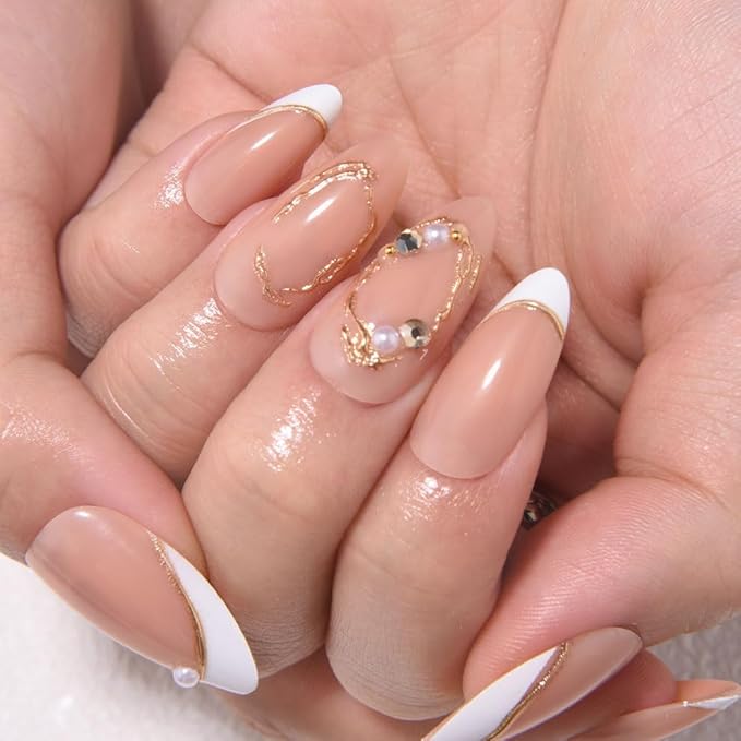 evpct Nude 3D Press on Nails Short Almond, White French Tip Nail Short Almond with Gold Line Design, Glossy Stick on Nails for Women Gift, Reusable Full Cover Soft Gel Press on Fake Nail with Design