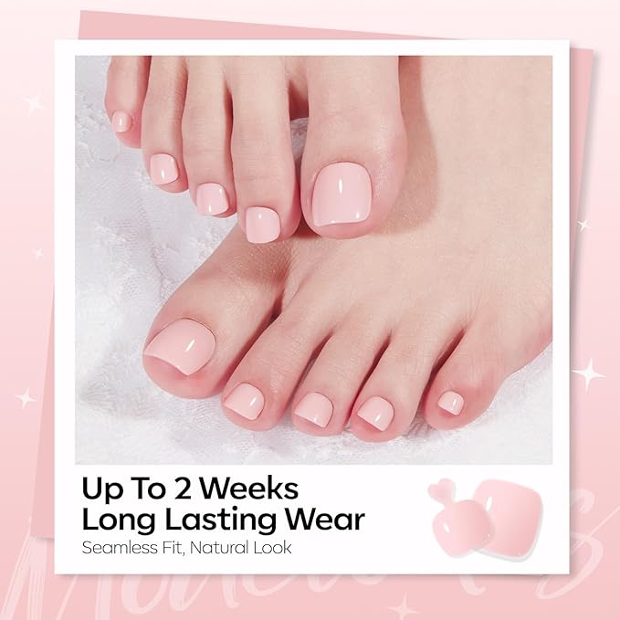 Modelones Press on Toenails Short, Soft Pink Toe Press on Nails Square, Reusable Nail Kit with Nail Glue Adhesive Tabs Mini Nail File, Toe Nails 36Pcs 18Sizes, Spring Women Girl Gift