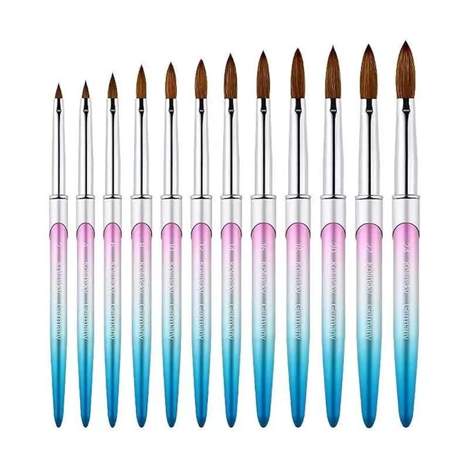 100% Pure Kolinsky Acrylic Nail Brush Size 12, Hair Acrylic Crystal Ombre Silver Blue Pink Handle with Silver Ferrule Round Shaped for Women Girls Manicure Nail Tools Accessories