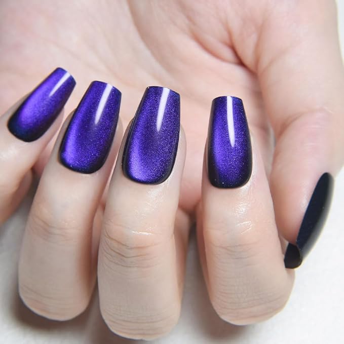 evpct Royal Blue Cat Eye Coffin Press on Nails Square Medium, Medium Square Stick on Nail for Women Gift, Royal Blue Metallic Glitter Glossy Reusable Soft Gel Press on Acrylic Fake Nails with Designs