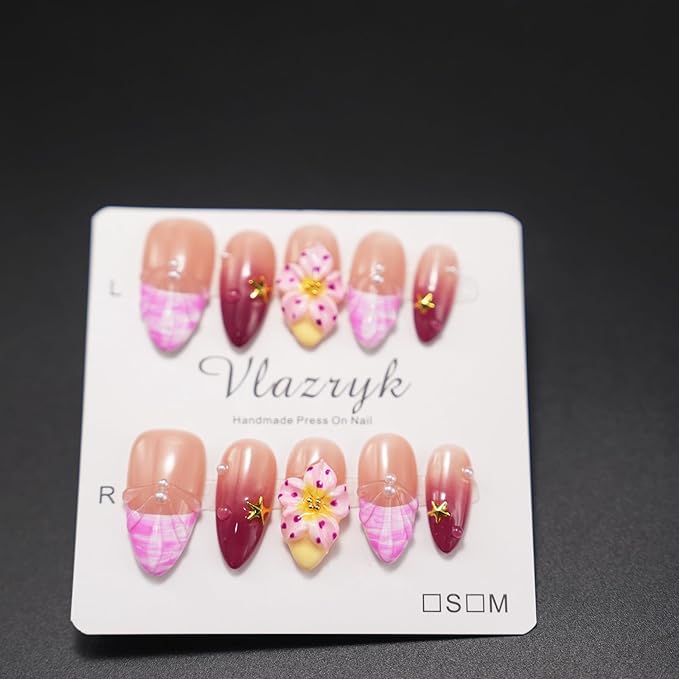 Handmade Press on Nails Wine Red Gradient,French Tip 3D Flower & Pearl Designs,Full Cover Medium Almond Fake Nails,Multi-Layer Gel Acrylic Stick on Nails for Women (10pcs)