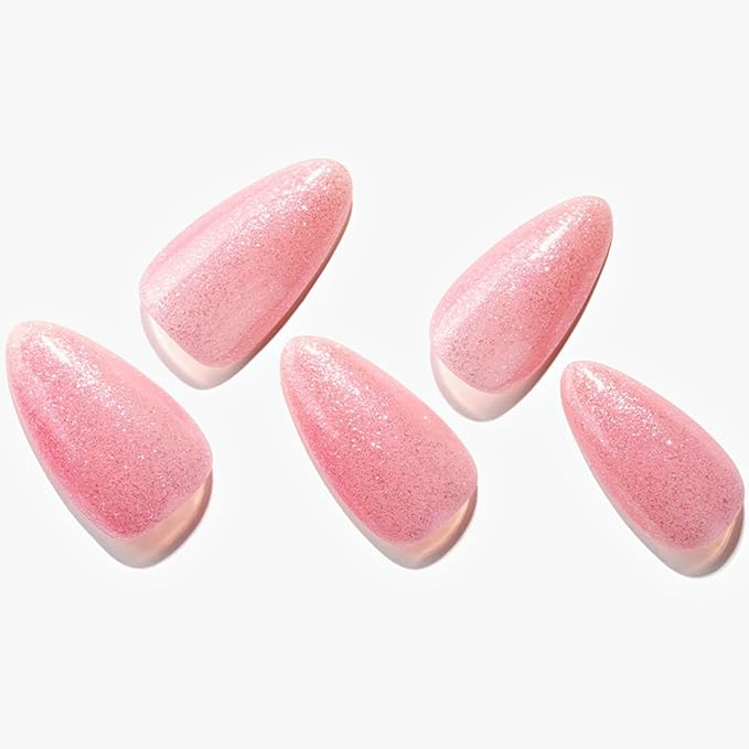 GLAMERMAID Pink Press on Nails Medium Almond, Handmade Glitter Light Pink Neutral Jelly Sofy Gel Glue on Nail Stiletto, Glossy Fake Nails Short Oval，Reusable Acrylic Stick on False Nail Kits for Women
