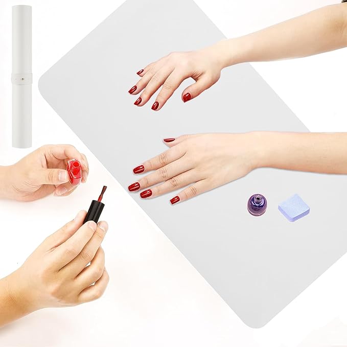 2 PCS Nail Art Table Mat, Soft Microfiber PU Leather Nail Pad, Foldable Nail Art Rest Pad, Reusable Nail Mat for Table Desk, Acrylic Nail Desk Mat for Nail Cushion (White and White)
