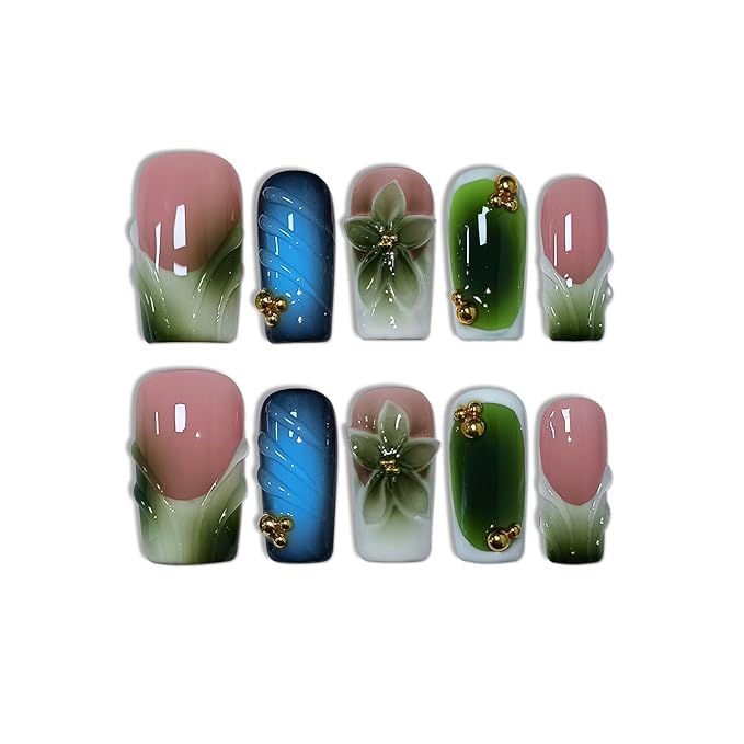 Glossy Handmade Press on Nails Medium Long Square - Icy French Green Blush 3D Floral Embossed Glossy False Nails for Women-Y2K Gradient Green Fake Nails for Winter Fall(S)