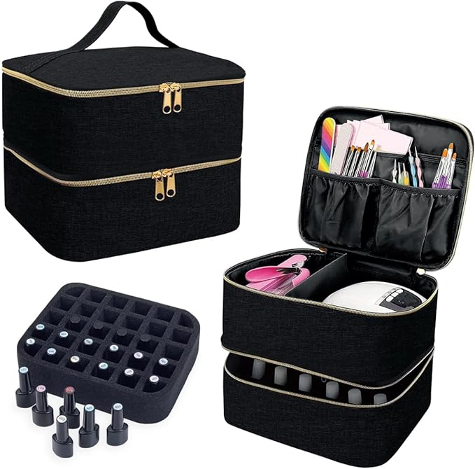 Nail Polish Organizer, Handheld Double Layer Organizer Holds 30 Bottles (15 ml/0.5 floz) with Adjustable Dividers for Nail Polish Small Manicure Lamp Manicure Tools Essential and Travel,Black