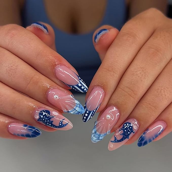 Blue Press on Nails Almond - French Tip Fake Nails with Ocean Design - Medium False Nails Full Cover Stick on Press ons - for Women 24 Pcs