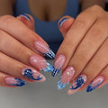 Blue Press on Nails Almond - French Tip Fake Nails with Ocean Design - Medium False Nails Full Cover Stick on Press ons - for Women 24 Pcs