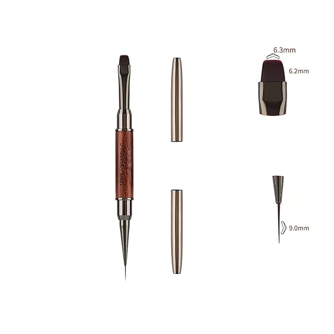 Dual Head Acrylic Nail Brush, French Pen and 9mm Liner Pen, Wood Handle with Metal Caps, for Builder Gel, Polygel and Nail Design