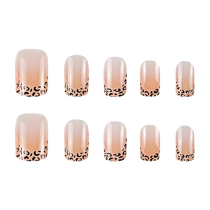 French Tip Press on Nails Leopard Fake Nails Short Square False Nails Glossy Cute Glue on Nail Reusable Acrylic Nails full Cover Stick on Nail for Women Manicure 24Pcs