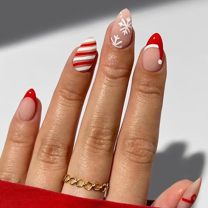 6 Packs (144 Pcs) Christmas Press on Nails Medium Almond Fake Nails Winter Xmas False Nails with Designs Snowflake Glue on Nails Full Cover Glossy Acrylic Stick on Nail for Women Girls Manicure