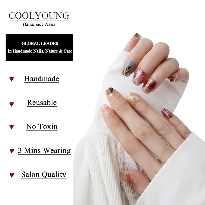 Hand Painted Press On Nails Short Handmade Square Fake Nails Vacation Nails Fake Nails With Designs Ombre 3D Nails Ladies Gifts COOLYOUNG False Nails, 10 PCS, Size L