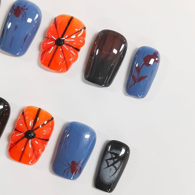 Halloween Press on Nails Short Square Handmade Acrylic Nails 3D Thick Fake Nails with Pumpkin Spider Web Skull Designs Gothic Sturdy Art False Press on Nail 10Pcs(M)