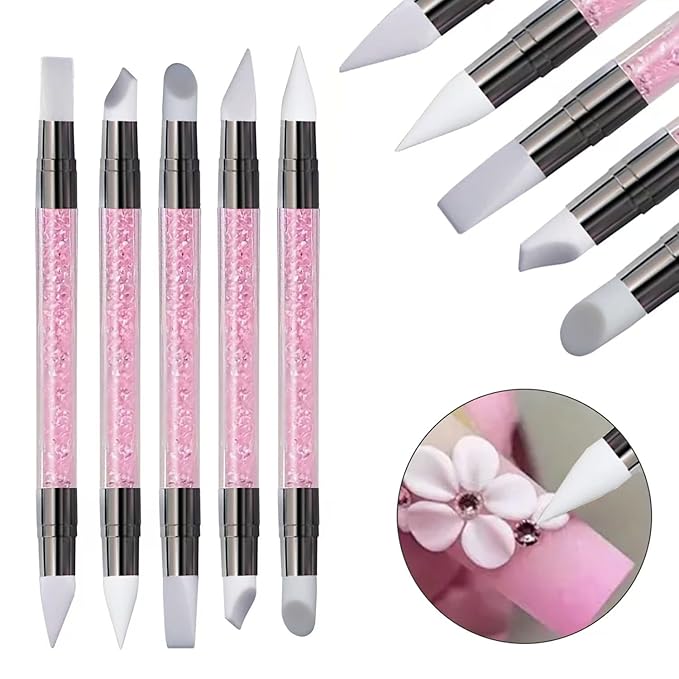 5Pcs Double-Ended Silicone Nail Art Brushes, Dual-Tip Dotting & Sculpting Tools for Gel Polish, 3D Nail Art, Shaping, Drawing, Embossing & Manicure Clean Up-Pink