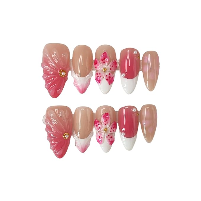 White French Tip Press on Nails Flower Fake Nails with 3D Water Rpple Luxury Pearl Designs Handmade Press on Nails Pink Gradient False Nail Full Cover Thick Acrylic Nail for Women Nail Art (Size S)