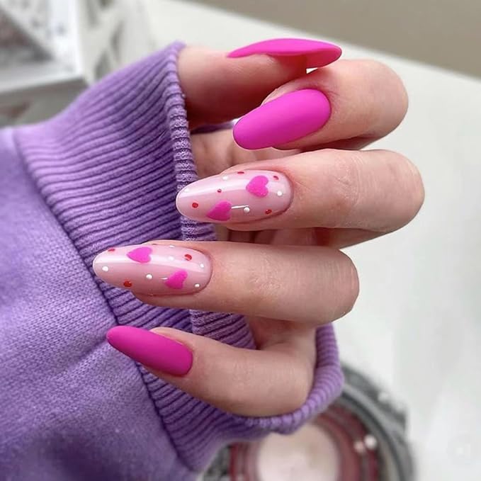 Press on Nails Almond - Medium Fake Nails with Heart Design - Pink, Matte Full Cove Stick on False Nails for Women 24 Pcs