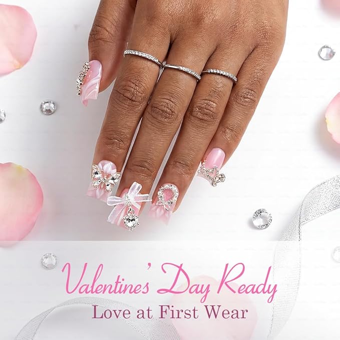 10 Pieces Luxury Acrylic Press On Nails Short Handmade Duck Nails, Pink Thickened False French Nails, 2026 3D Decoration, Rhinestones, Lace Bows And Butterflies, New Years Nails (M)