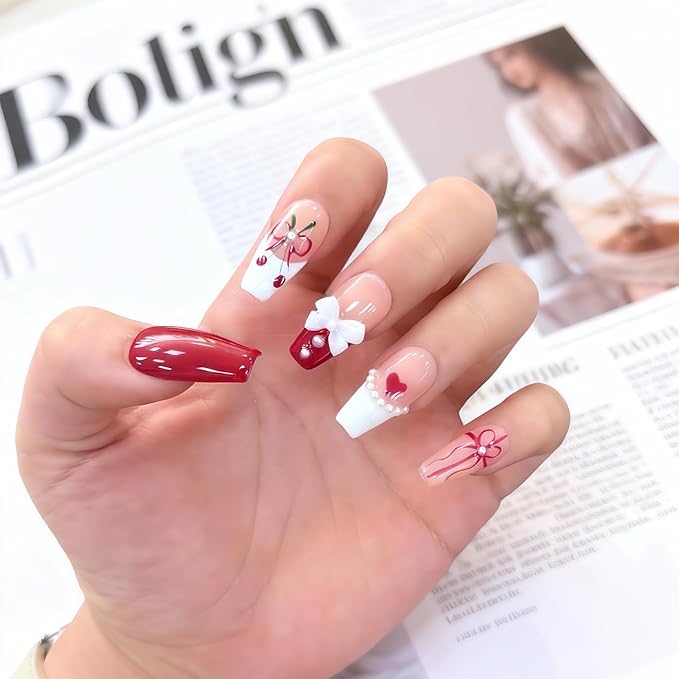 Luxury Handmade Press On Nails - Coffin Shaped Fake Nails with 3D Bows & Cherry Pearls, French Red Reusable False Nails, Salon-Grade Multi-Layer Gel Acrylic Nail Art（S-10PCS)