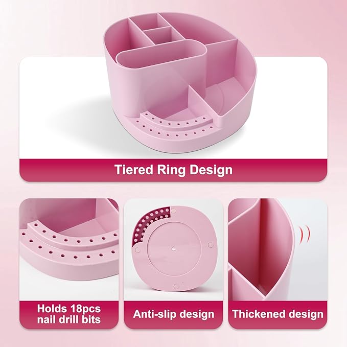 ANGNYA Nail Drill Holder with 7 Compartments & 18 Holes Nail Drill Bit Holder, Professional Nail Desk Storage Organizer Box Case for Nail Station, Salon and Home Use