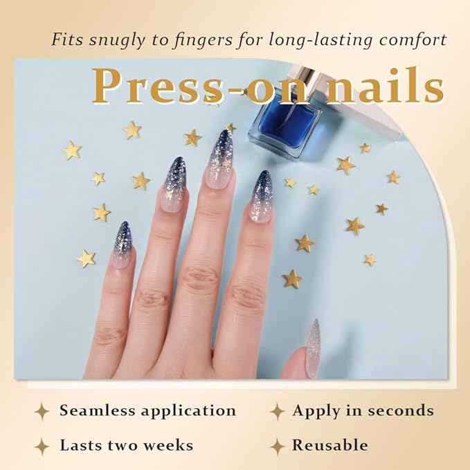evpct Ombre Blue Press on Nails Medium Almond, Blue Fake Nails with 3D Stars Design, Reusable Perfect Fit Press ons Short False Nail for Women Manicure, Ombre Fake Nail Kit with Kits Gel Stick, 24Pcs