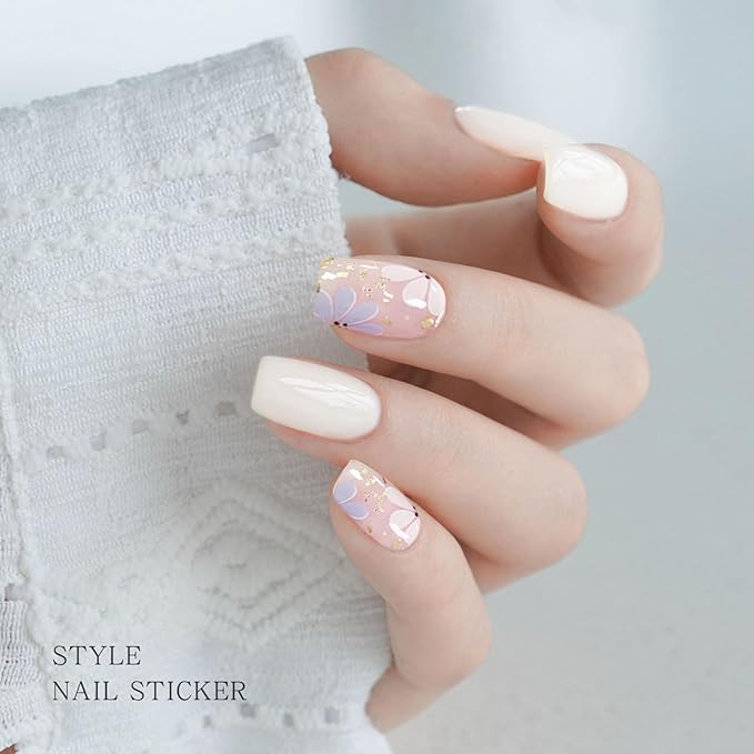 JMEOWIO Gel Nail Stickers Beige Purple Flower Semi Cured Strips Wraps UV/LED Supplies Art Design Decoration Accessories