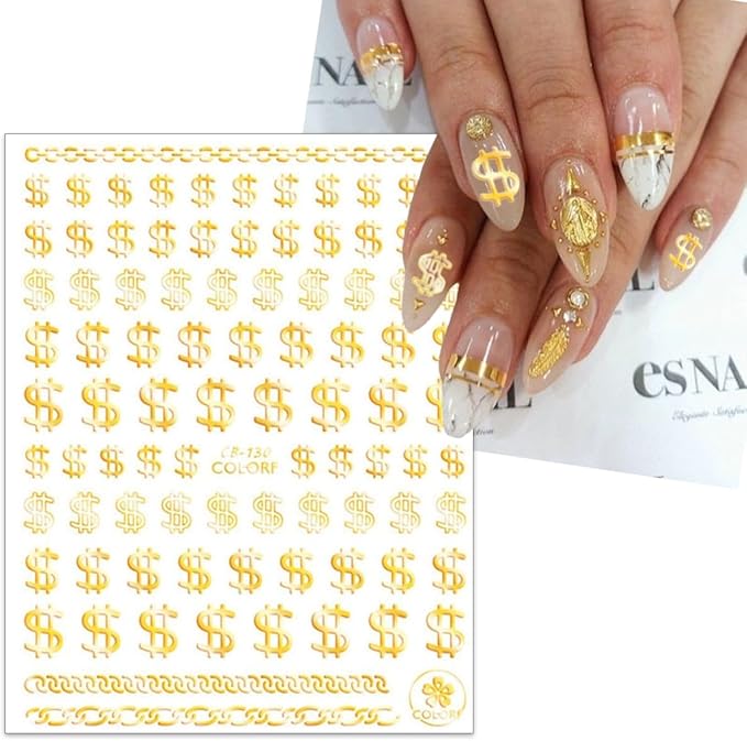 Dollar Nail Stickers 12Sheets Money Nail Art Stickers Decal 3D Self-Adhesive Money Dollar Nail Decals Pegatinas Uñas DIY Black White Gold Silver Design Nail Stickers for Women Girls Manicure…