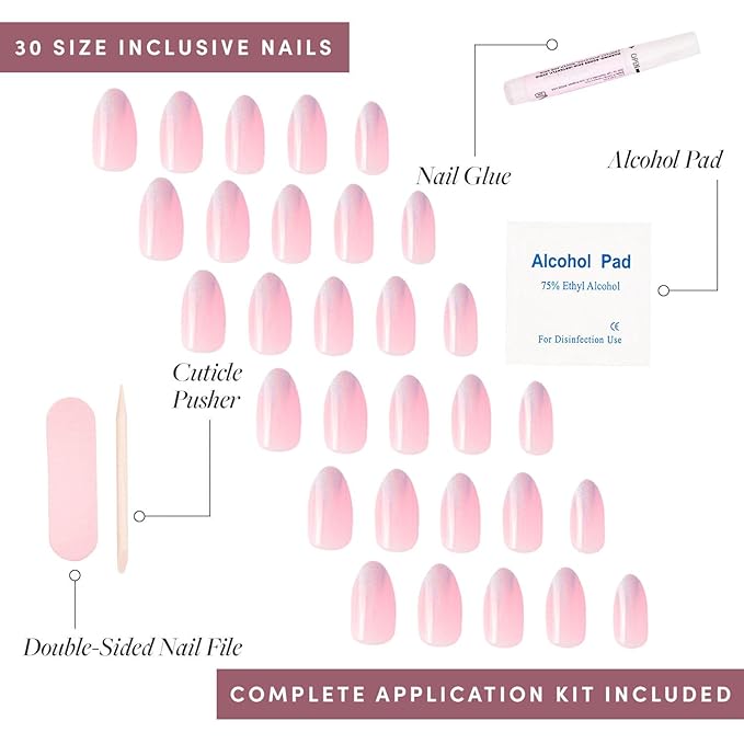 Glamnetic Press On Nails - Winter Storm Fake Nails | Semi-Transparent Short Almond Nails, Salon Quality | 15 Sizes - 30 Nail Kit with Glue