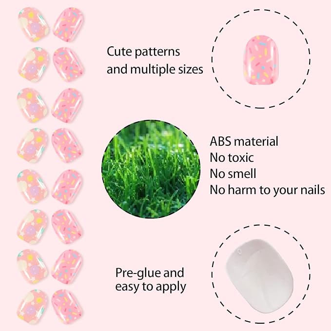 SIUSIO 120 Pcs 5 Pack Children Acrylic Fake Nails Press on Cute Pre-glue Full Cover Glitter Gradient Color Rainbow Short Kids Stick On False Nail Art Kits Set for Kids Little Girls -Colorful Summer