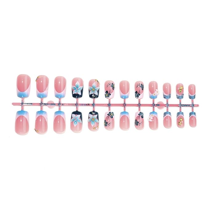 Square Press on Nails Medium Fake Nails Blue Artificial Nail French Flowers with Gold Charm Designs Stick on Nail for Women 24pcs