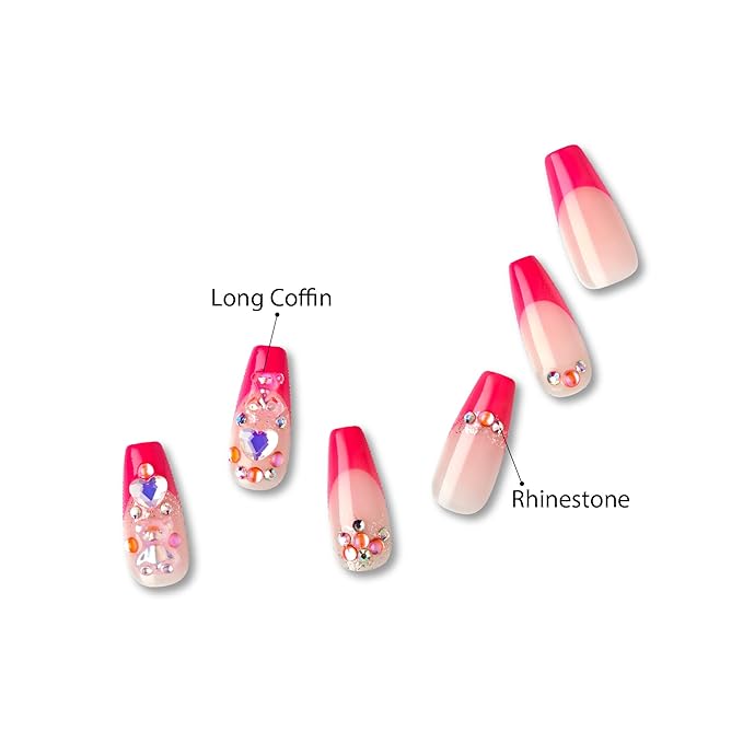 GoldFinger Premium Luxury False Nails Kit, Ready to Wear Pink French Nails, Manicure Stick and Glue Included, Long Coffin Shape with 3D Rhinestones, Long-Lasting Hottest Trend Glue on Nails