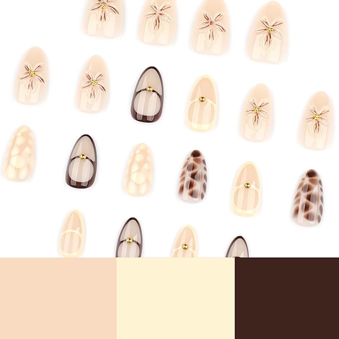 Short Almond Press on Nails - Flower Fake Nails with Brown Crack Design - Fall Glossy Full Cover Stick on Nails - for Women Manicure 24 Pcs