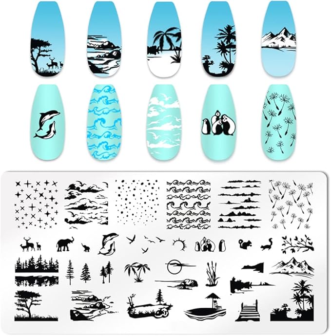 6pcs Seaside Scenery Nail Stamping Plate Nail Stamping Kit for Nails Summer Beach Coconut Trees Sunset Waves Sea Animals Image Plates Nail Stamper Kit