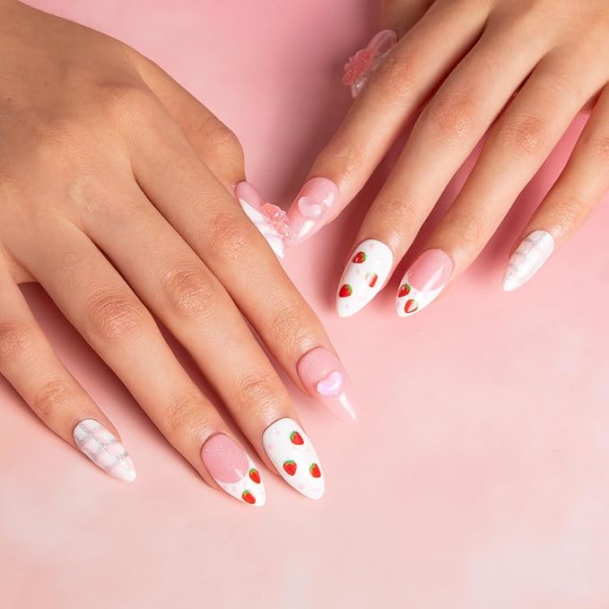 LOVFUL Press on Nails Strawberry Mousse | Handmade with Full Covered Crystals | Reusable Fake Nails | Almond Regular 1.0 in | H286-S